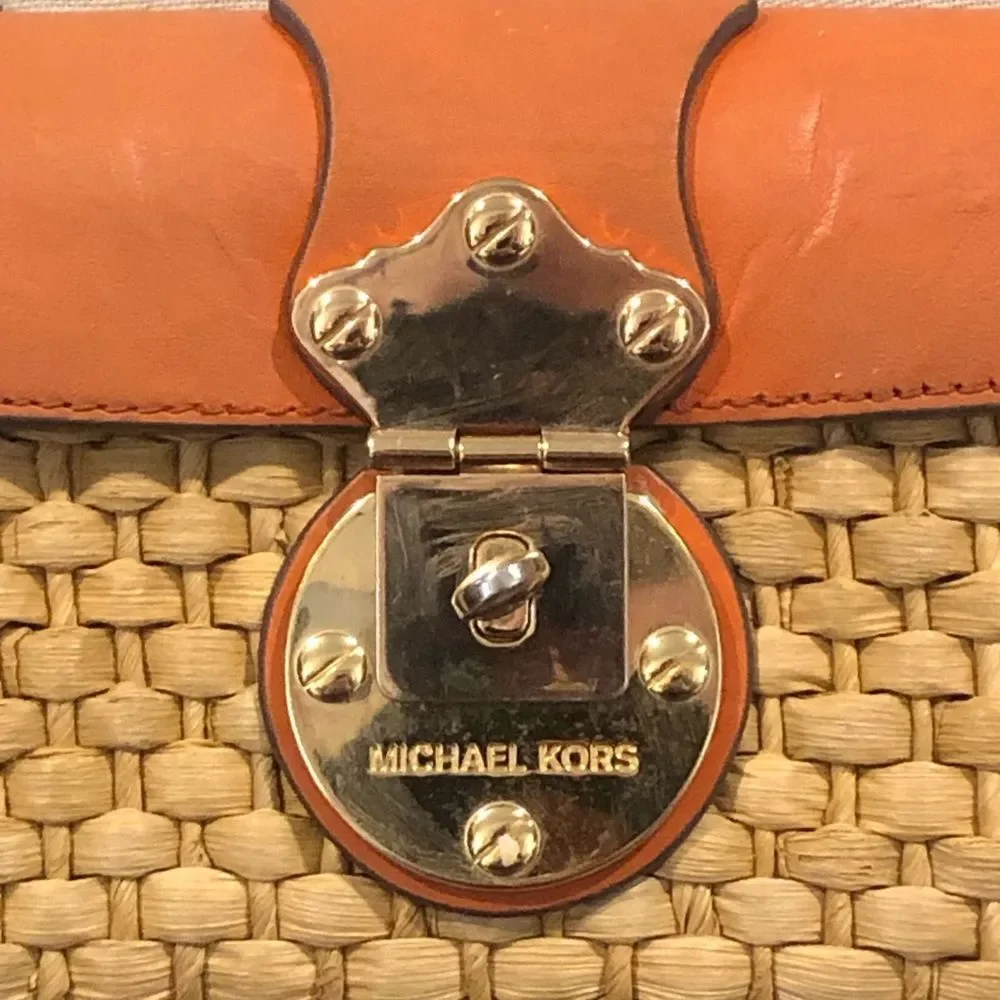 Vintage MICHAEL KORS Rattan Leather Clutch Gold Turn Lock Chain & Leather Strap